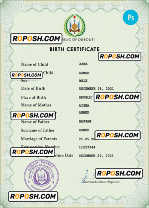 Djibouti vital record birth certificate PSD template, fully editable