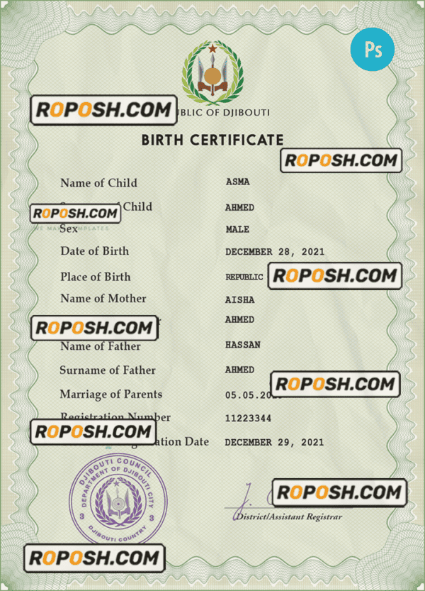 Djibouti vital record birth certificate PSD template, fully editable