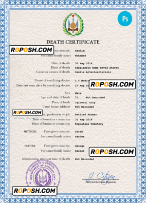 Djibouti death certificate PSD template, completely editable