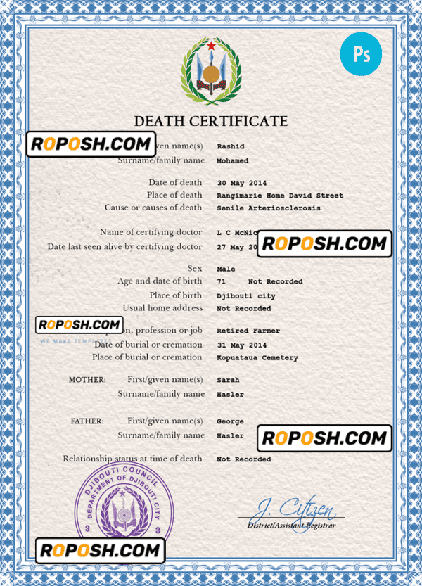 Djibouti death certificate PSD template, completely editable