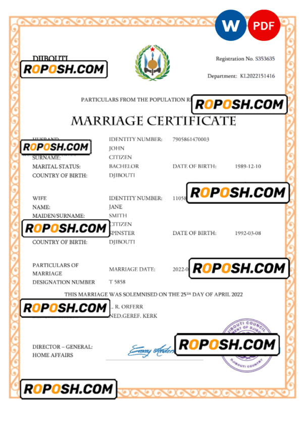 Djibouti marriage certificate Word and PDF template, fully editable