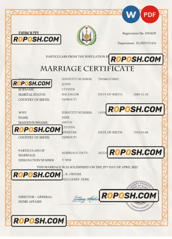 Djibouti marriage certificate Word and PDF template, fully editable