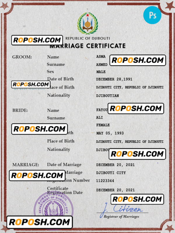 Djibouti marriage certificate PSD template, fully editable