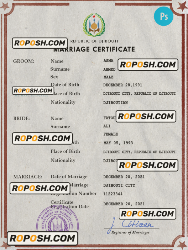 Djibouti marriage certificate PSD template, fully editable scan effect