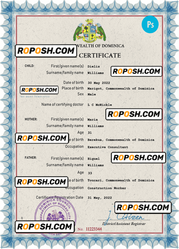 Dominica vital record birth certificate PSD template