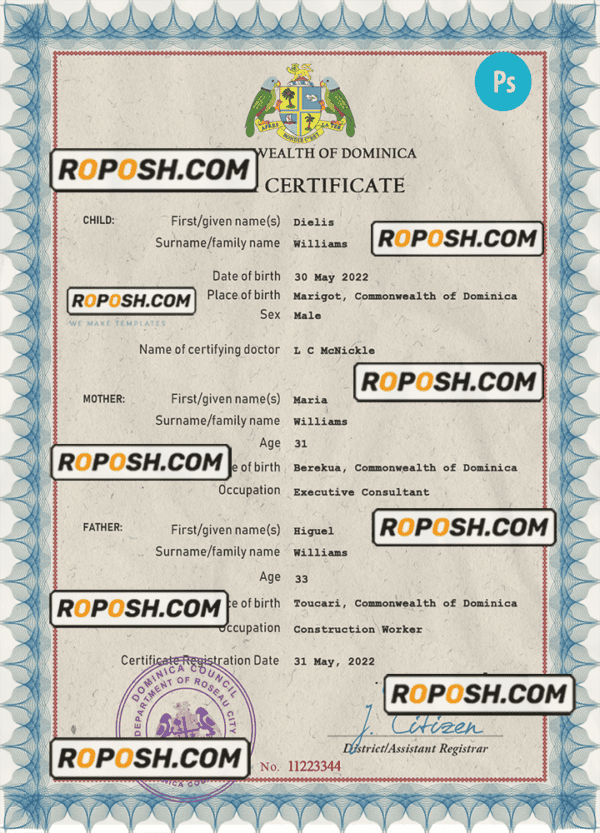 Dominica vital record birth certificate PSD template