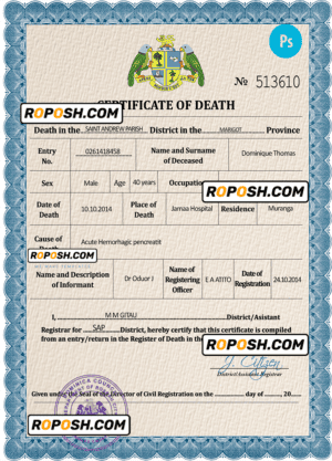 Dominica vital record death certificate PSD template, completely editable