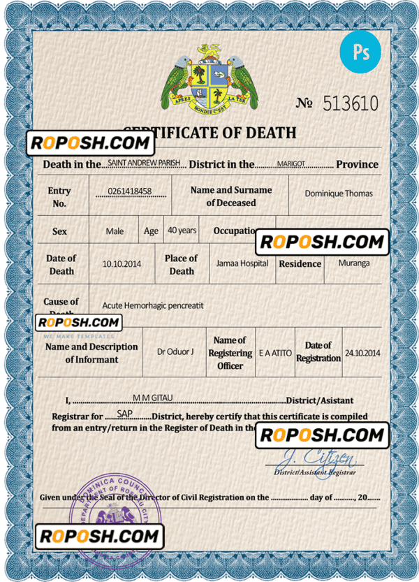 Dominica vital record death certificate PSD template, completely editable