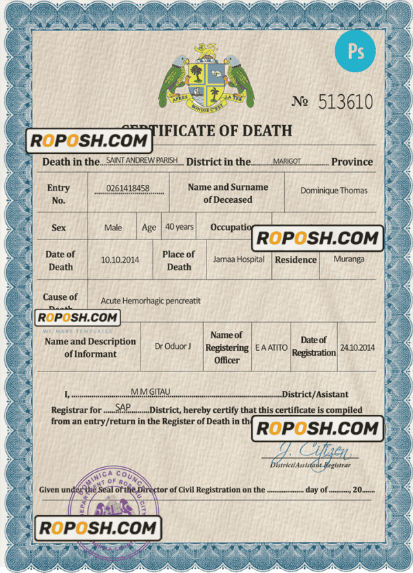 Dominica vital record death certificate PSD template, completely editable