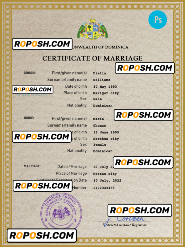 Dominica marriage certificate PSD template, completely editable