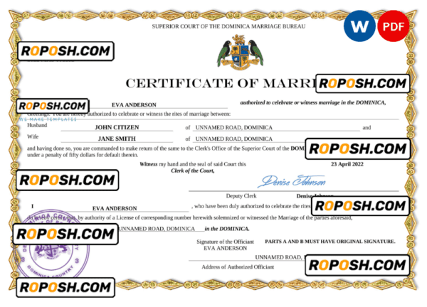 Dominica marriage certificate Word and PDF template, completely editable