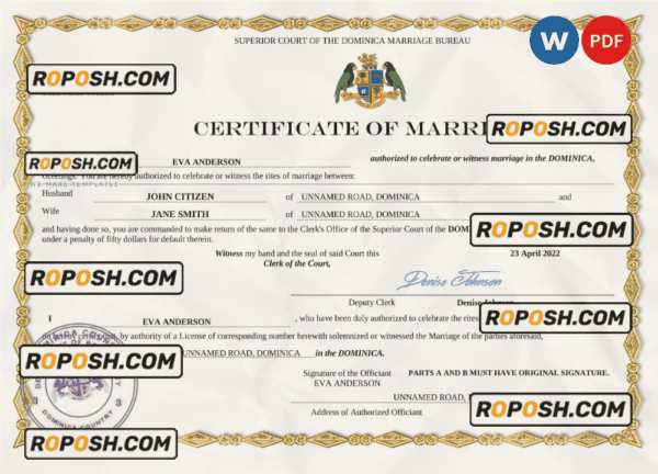 Dominica marriage certificate Word and PDF template, completely editable