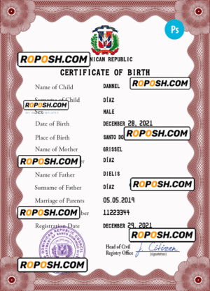 Dominican Republic vital record birth certificate PSD template, completely editable