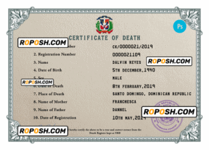 Dominican Republic vital record death certificate PSD template