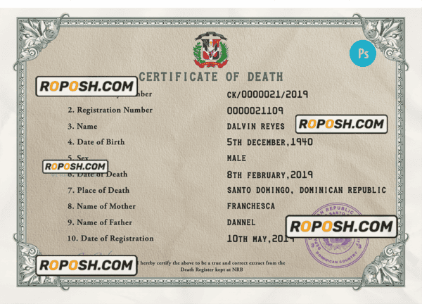 Dominican Republic vital record death certificate PSD template