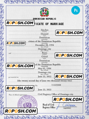Dominican Republic marriage certificate PSD template, fully editable