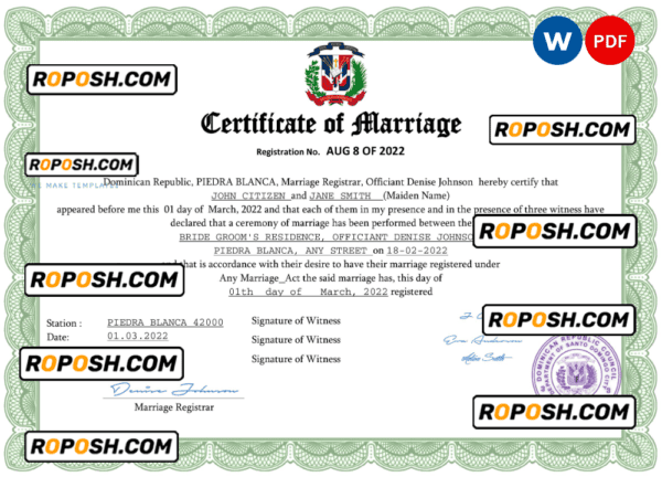 Dominican Republic marriage certificate Word and PDF template, fully editable