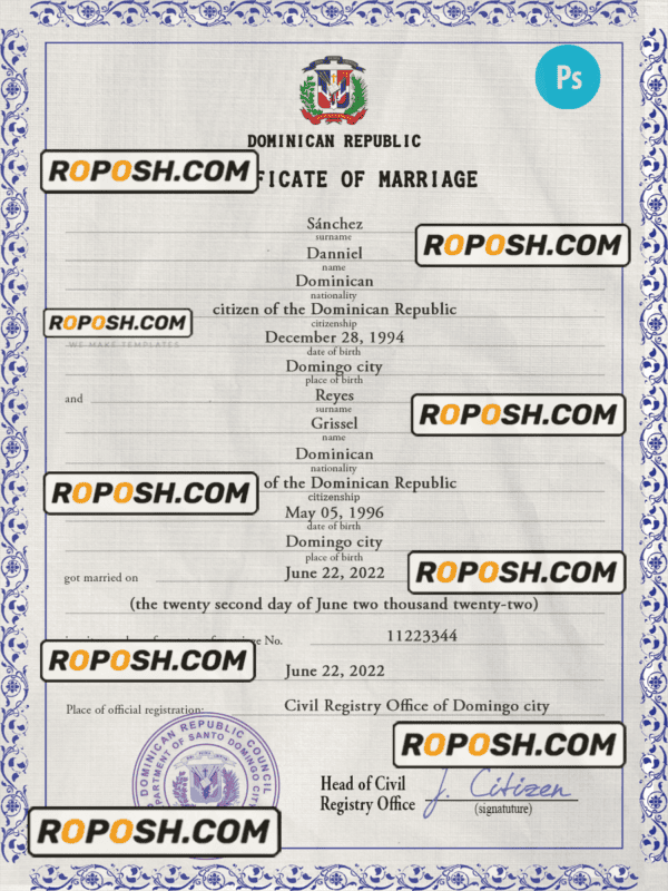 Dominican Republic marriage certificate PSD template, fully editable