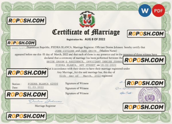 Dominican Republic marriage certificate Word and PDF template, fully editable