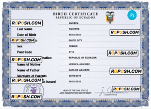 Ecuador birth certificate PSD template, completely editable