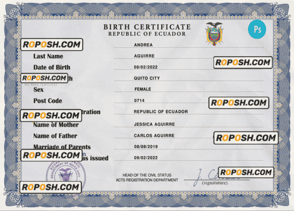 Ecuador birth certificate PSD template, completely editable