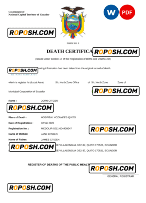 Ecuador vital record death certificate Word and PDF template