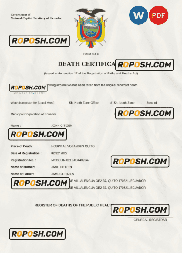 Ecuador vital record death certificate Word and PDF template