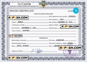 Ecuador vital record death certificate PSD template, completely editable