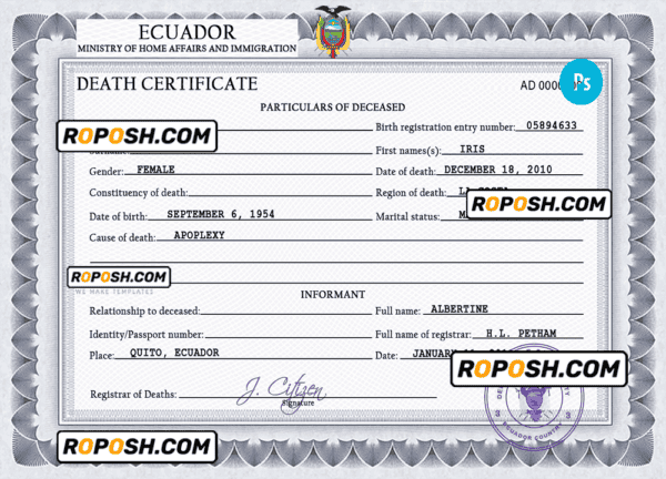 Ecuador vital record death certificate PSD template, completely editable