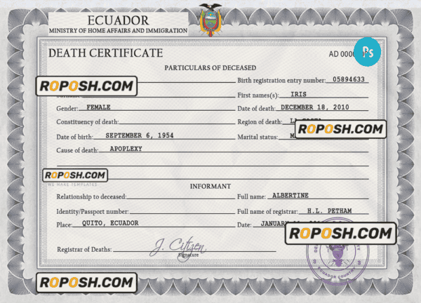 Ecuador vital record death certificate PSD template, completely editable
