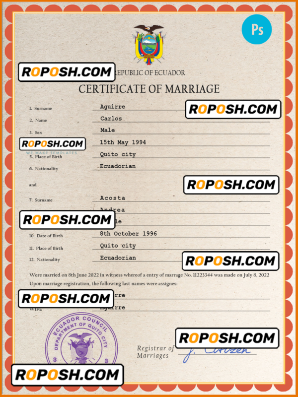 Ecuador marriage certificate PSD template, completely editable