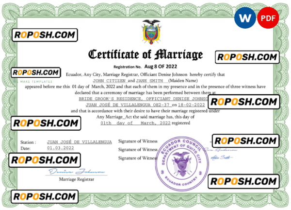 Ecuador marriage certificate Word and PDF template, completely editable