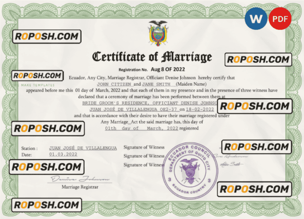 Ecuador marriage certificate Word and PDF template, completely editable