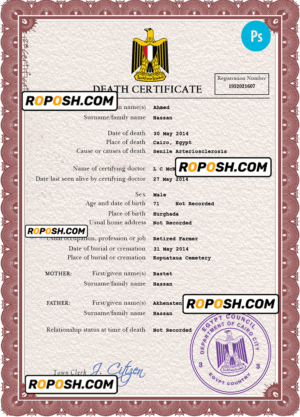 Egypt death certificate PSD template, completely editable