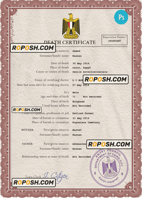 Egypt death certificate PSD template, completely editable