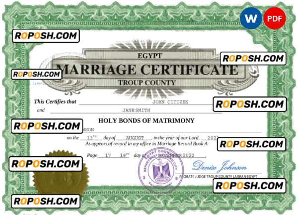 Egypt marriage certificate Word and PDF template, completely editable
