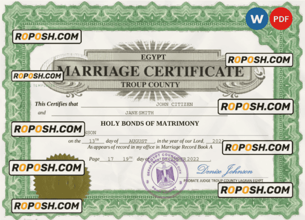 Egypt marriage certificate Word and PDF template, completely editable