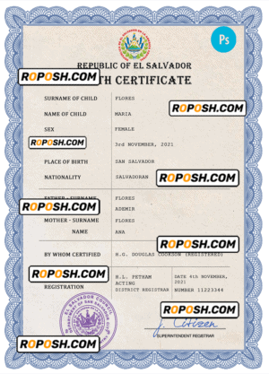El Salvador vital record birth certificate PSD template, completely editable