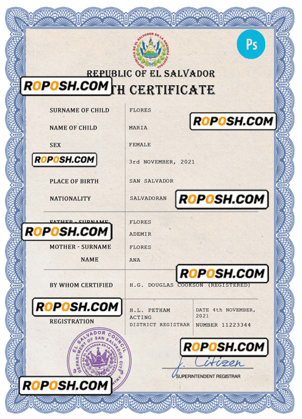 El Salvador vital record birth certificate PSD template, completely editable