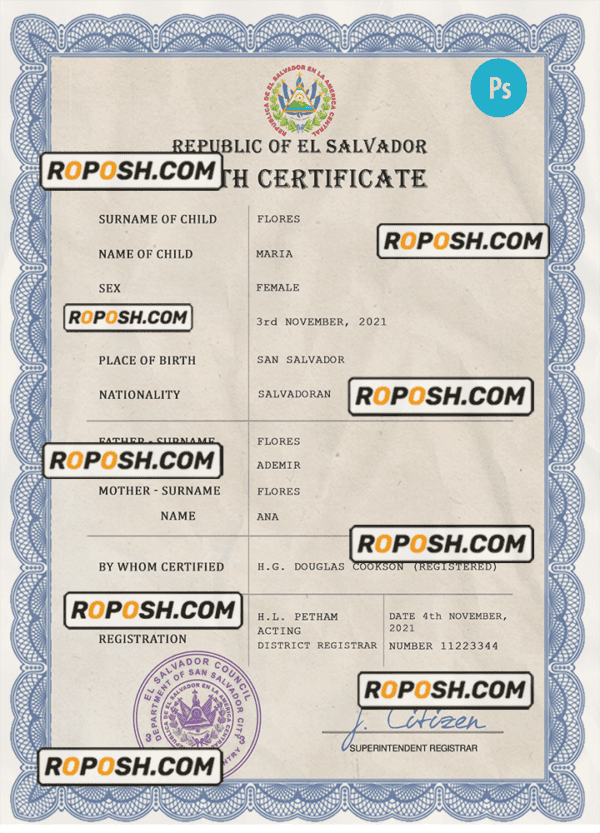 El Salvador vital record birth certificate PSD template, completely editable