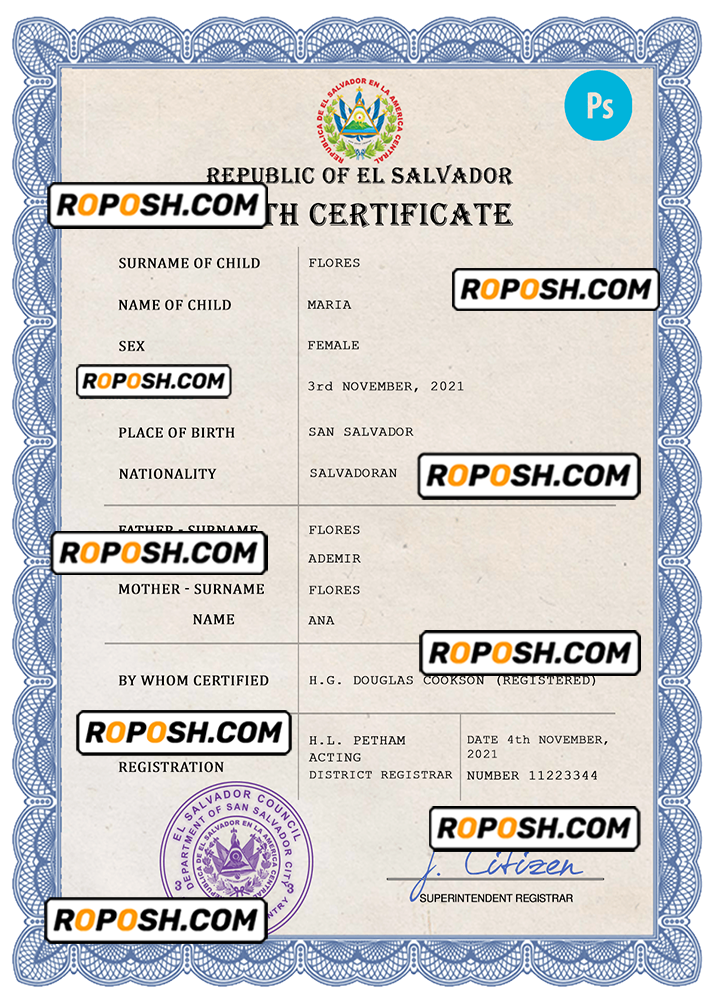 El Salvador vital record birth certificate PSD template completely