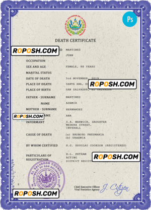 El Salvador vital record death certificate PSD template