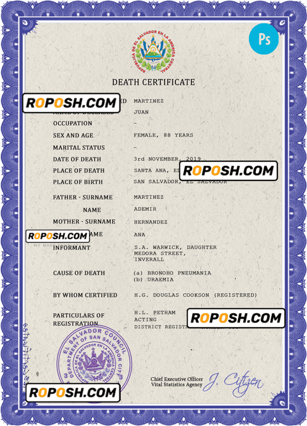 El Salvador vital record death certificate PSD template