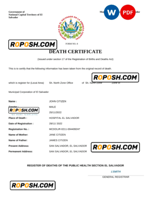 El Salvador vital record death certificate Word and PDF template