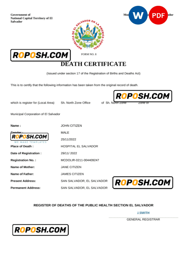 El Salvador vital record death certificate Word and PDF template