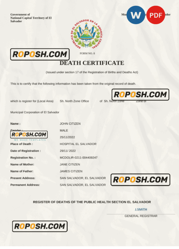 El Salvador vital record death certificate Word and PDF template