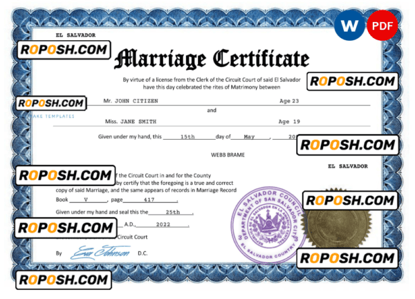 El Salvador marriage certificate Word and PDF template, fully editable