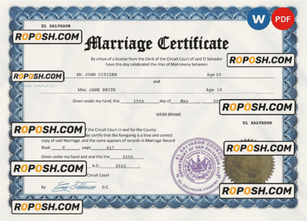 El Salvador marriage certificate Word and PDF template, fully editable