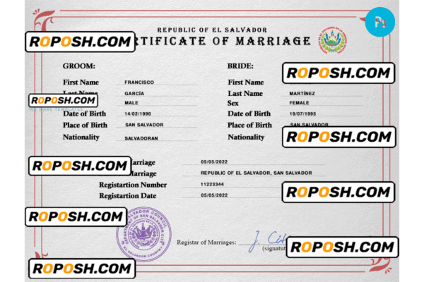 El Salvador marriage certificate PSD template, completely editable