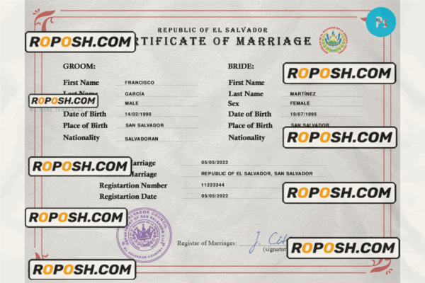 El Salvador marriage certificate PSD template, completely editable